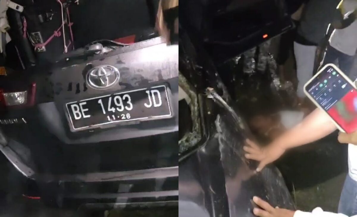Kolase foto kondisi mobil dan pengemudi yang disebutkan sebagai Kakon Way Manak usai diamuk massa, Selasa 18 Februari 2025, malam | Dok. Tangkapan Layar Video.