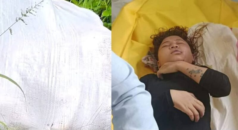 Kolase foto karung berisi mayat dan mayat wanita bertato setelah dikeluarkan oleh pihak kepolisian, Rabu 19 Februari 2025 | Burhan/Media Prioritastv.com.
