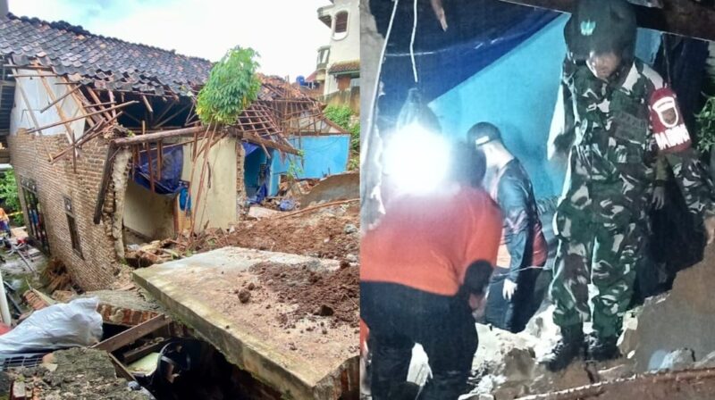 Kolase foto kondisi rumah korban paska longsor dan petugas bersama warga saat melakukan evakuasi, Jumat 21 Februari 2025 | Dok. Istimewa/Erwin/Media Prioritastv.com.