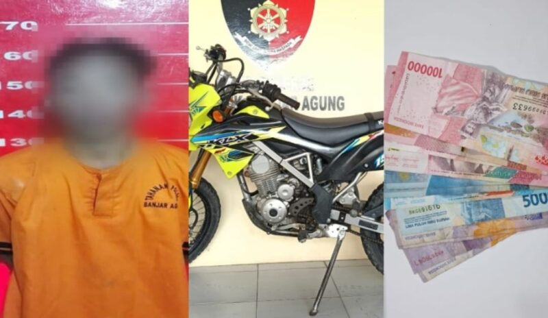 Kolase foto tersangka GP yang ditangkap dan barang bukti sepeda motor KLX dan uang tunai sisa hasil pembagian penjualan motor lainnya, Sabtu 22 Februari 2025 | Dok. Humas Polres Tulang Bawang.
