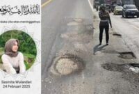 Kolase foto informasi meninggalnya Sasmita Wulandari warga Tanjung Jati, Kota Agung Timur, Tanggamus, Senin 24 Februari 2025 dan kondisi jalan berlubang di Jalinbar Tanggamus dan Jalinbar Pringsewu | Dok. Istimewa/Polres Pringsewu/Herdi/Media Prioritastv.com.