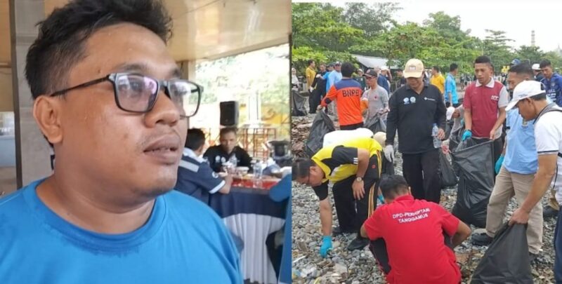 Kolase foto Ketua MSA saat memberikan keterangan dan saat ratusan orang memungut sampah di Pantai Muara Indah, Kota Agung dalam HPSN Tahun 2025, Rabu 26 Februari 2025 | Herdi/Media Prioritastv.com.