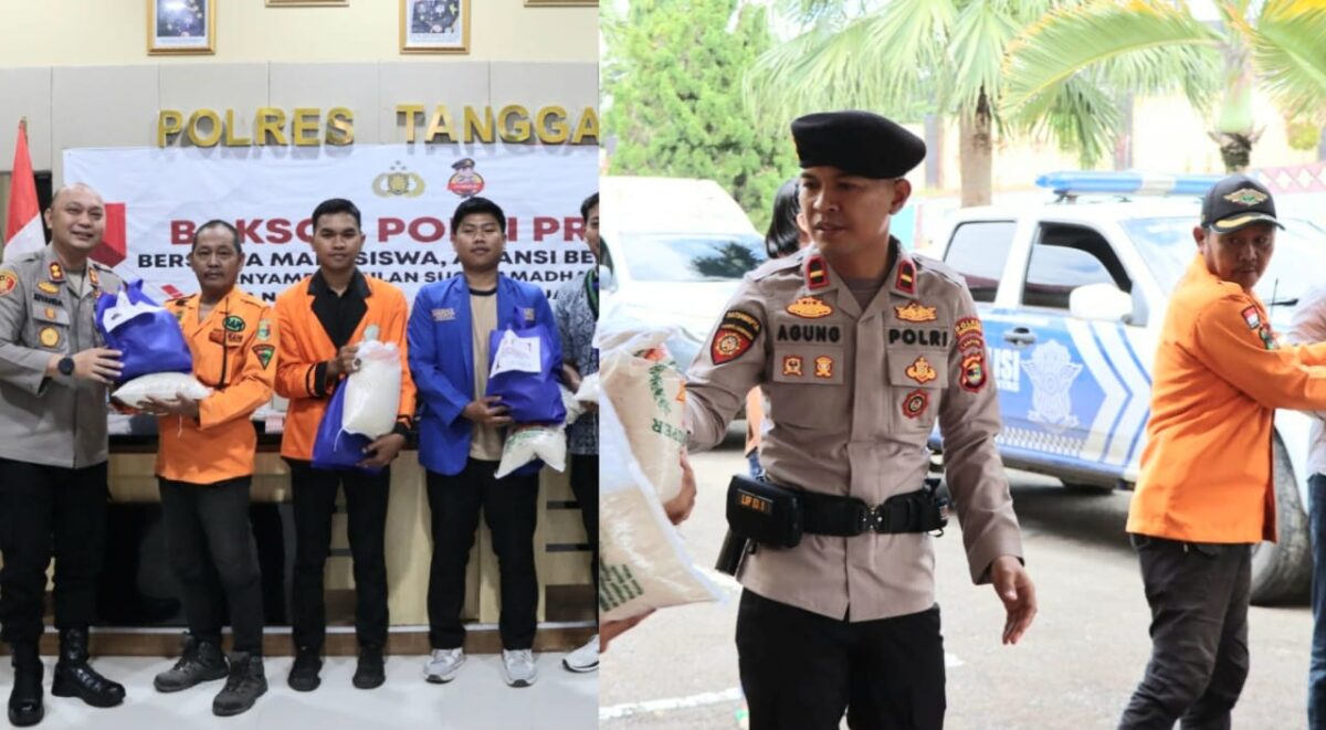 Kolase foto saat Kapolres Tanggamus AKBP Rivanda saat simbolis menyerahkan bantuan kepada BEM, Mahasiswa dan OKP serta saat anggota Polres Tanggamus mengangkut bahan pokok, Kamis 27 Februari 2025 | Herdi/Media Prioritastv.com.