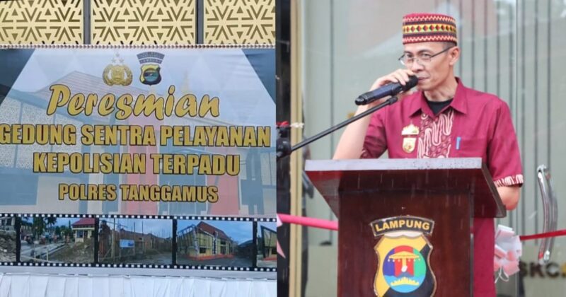 Kolase foto banner peresmian dan saat Staf Ahli Bidang Kemasyarakatan dan SDM Dhani Riza Efriansyah membacakan amanat Bupati Tanggamus, Kamis 27 Februari 2025 | Herdi/Media Prioritastv.com.