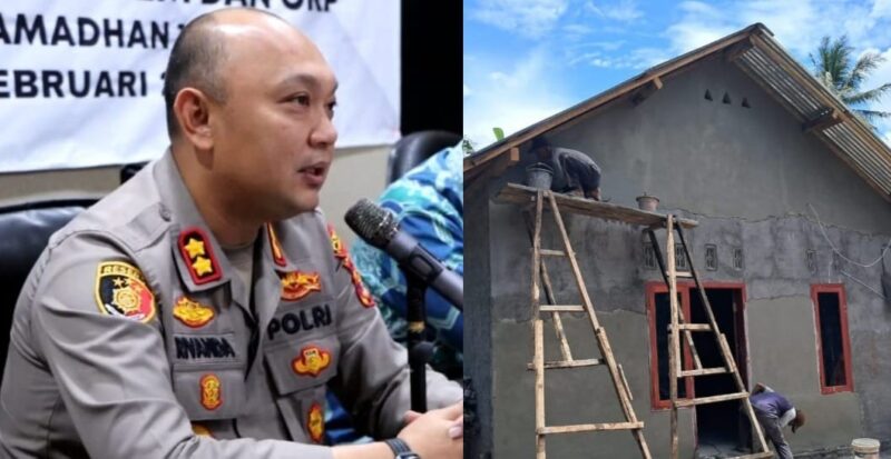 Kolase foto Kapolres Tanggamus AKBP Rivanda dan rumah milik Surtini yang dibedah Polres Tanggamus, Jumat 28 Februari 2025 | Dok. Polres Tanggamus.