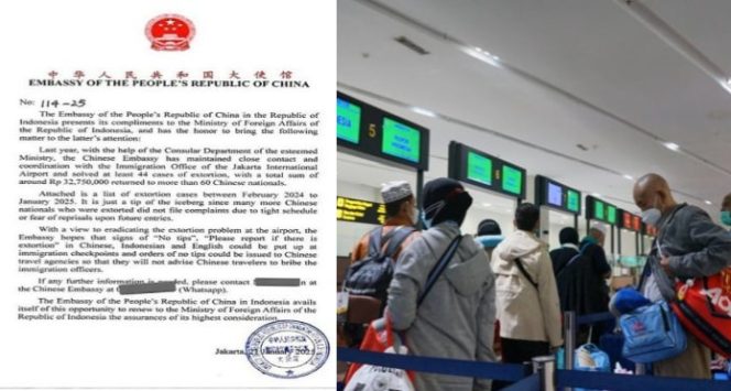 Kolase foto surat Kedubes Cina yang beredar dan kondisi Bandara Soekarno-Hatta, Minggu 2 Februari 2025.