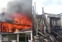 Kolase foto saat api membakar rumah dan setelah api berhasil dipadamkan dalam kebakaran di Fajar Bulan, Way Tenong, Lampung Barat, Minggu 2 Februari 2025 | Tangkapan Layar Video.