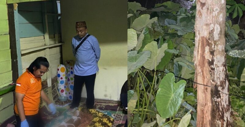 Kolase foto saat tim Inafis Polres Tanggamus melakukan identifikasi dan saat petugas menemukan kabel listrik berada di ketinggian 1 meter diatas tanah di Kelurahan Baros, Kota Agung, Tanggamus, Jumat 7 Februari 2025, malam | Dok. Humas Polres Tanggamus.