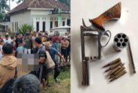 Kolase foto saat terduga pelaku dievakuasi dan senjata api yang ditemukan dari terduga pelaku yang tewas, Minggu 16 Februari 2025.