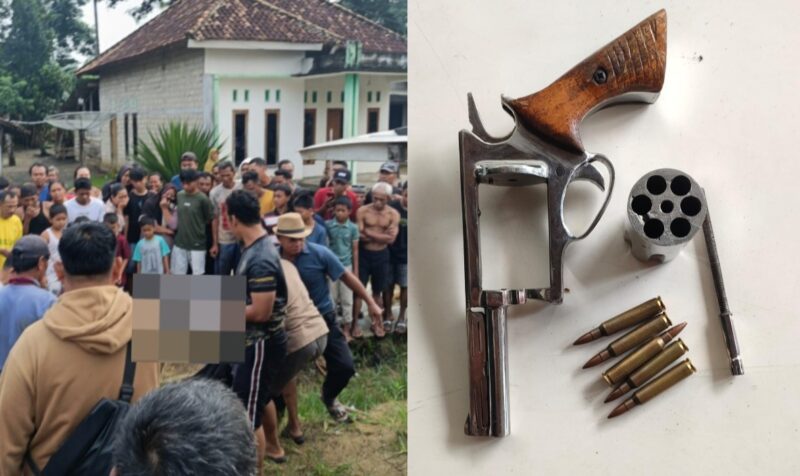 Kolase foto saat terduga pelaku dievakuasi dan senjata api yang ditemukan dari terduga pelaku yang tewas, Minggu 16 Februari 2025.