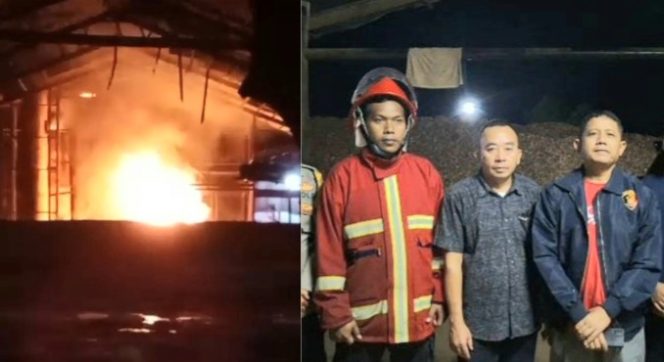 Kolase foto kebakaran PT Bumi Waras Lampung utara dan saat polisi memberikan keterangan, Kamis 20 Februari 2025, malam | Istimewa/Putra/Media Prioritastv.com.