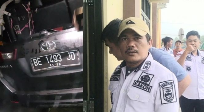 Kolase foto kendaraan milik Kakon SF yang rusak usai diamuk massa dan para Kakon di Pugung saat mendampingi keluarga melapor ke Polres Pringsewu, Jumat 21 Februari 2025 | Davit/Media Prioritastv.com.
