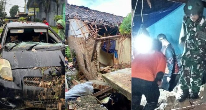 Kolase foto mobil toyota yaris yang ditumpangi Sutiyem setelah evakuasi, kondisi rumah Pasutri paska longsor dan proses evakuasi korban, Sabtu 22 Februari 2025 | Dok. Warga/Humas Polda Lampung/Erwin/Media Prioritastv.com.