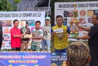 Kolase foto pnyerahan piala kepada juara 1 dewasa dan juara 2 anak-anak turnamen mini soccer karang taruna way jaha, pugung oleh aggota DPRD Tanggamus, Minggu 23 Februari 2025 | Zainal Abidin/Media Prioritastv
com.