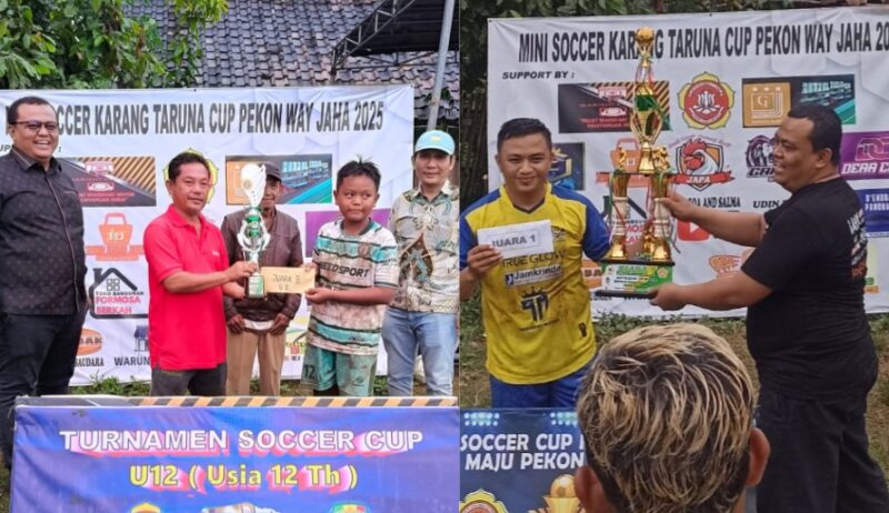 Kolase foto pnyerahan piala kepada juara 1 dewasa dan juara 2 anak-anak turnamen mini soccer karang taruna way jaha, pugung oleh aggota DPRD Tanggamus, Minggu 23 Februari 2025 | Zainal Abidin/Media Prioritastv
com.