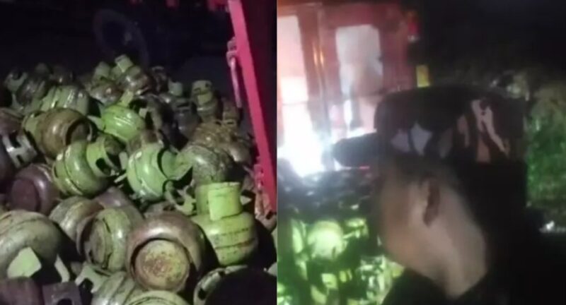 Kolase foto saat Koramil 422-06/Sumber Jaya, Sertu Noprianto, yang berada di lokasi kejadian dan gas melon yang berserakan paska kecelakaan, Senin 24 Februari 2025, malam | Dok. Istimewa.