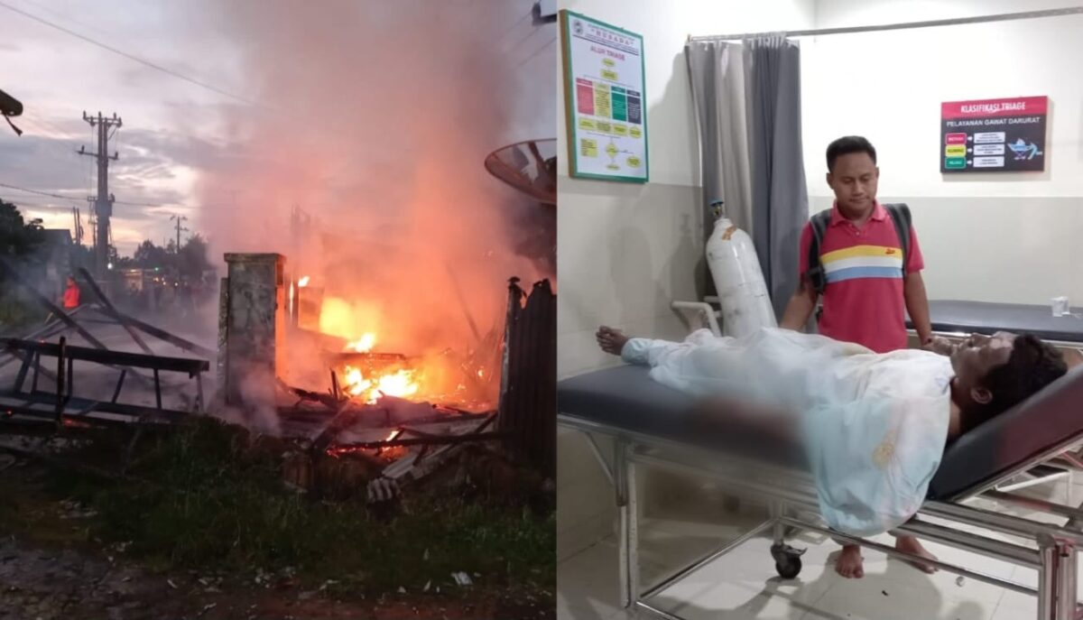 Kolase foto saat peristiwa kebakaran di Dusun Podomoro, Negeri Agung, Talang Padang dan saat korban dibawa ke klinik Husada sebelum dievakuasi ke RS Pringsewu, Sabtu 1 Maret 2025 | Asrul Ariski/Media Prioritastv.com.