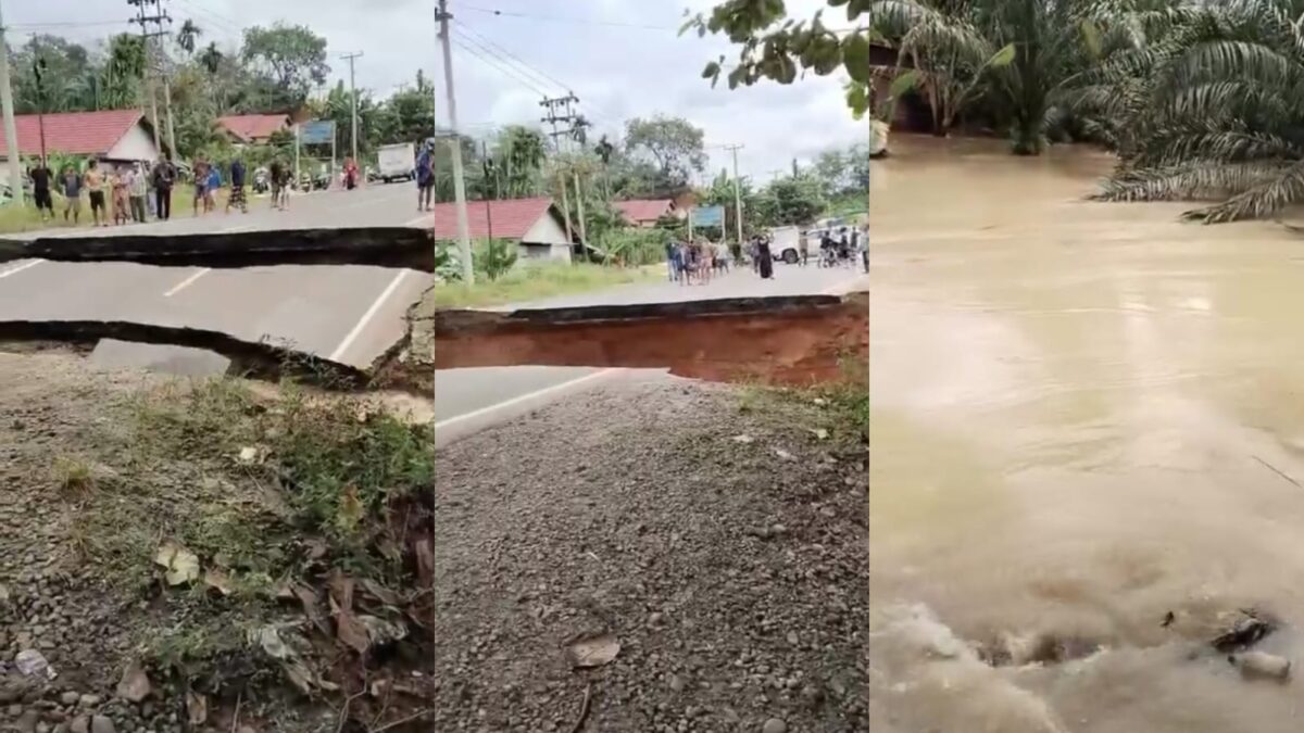 Kolase foto saat jalan mulai ambrol digerus aie bah yanh datang sehingga jalan terputus, Minggu 2 Maret 2025 | Dok. Tangkapan Layar Video.