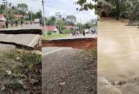 Kolase foto saat jalan mulai ambrol digerus aie bah yanh datang sehingga jalan terputus, Minggu 2 Maret 2025 | Dok. Tangkapan Layar Video.