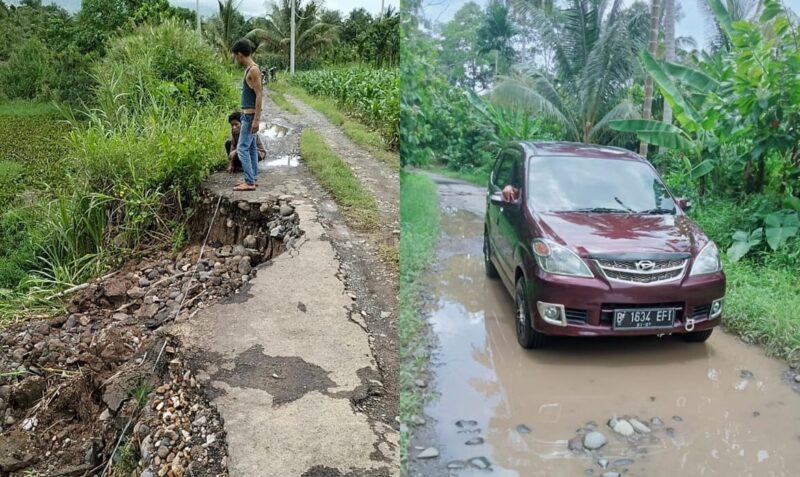 Kolase foto badan jalan yang ambrol di Pekon Sinar Bangun, Bandar Negeri Semuong, Tanggamus dan kondisi jalan yang rusak tergenang di wilayah setempat, Senin 3 Maret 2025 | Dok. Istimewa.