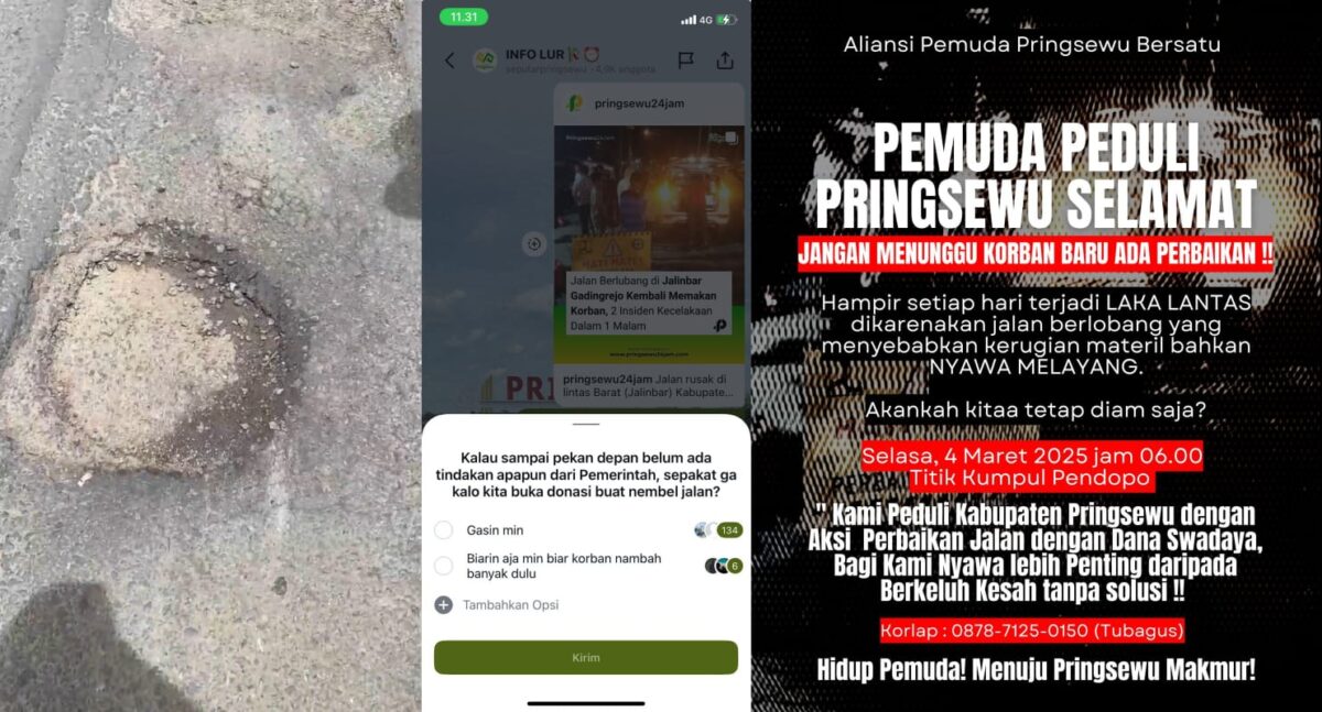 Kolase foto jalan berlubang di Pringsewu dan flyer informasi donasi mandiri pebaikan jalan berlubang, Senin 3 Maret 2025 | Dok. Istimewa.