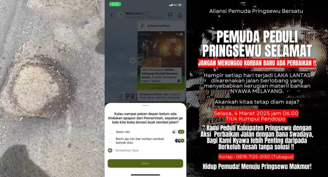 
 Kolase foto jalan berlubang di Pringsewu dan flyer informasi donasi mandiri pebaikan jalan berlubang, Senin 3 Maret 2025 | Dok. Istimewa.