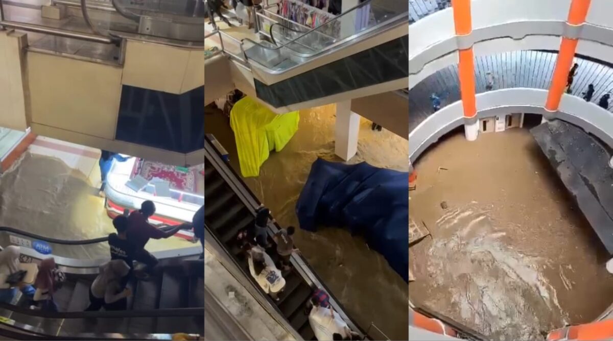 Kolase foto saat pertama kali banjir menerjang Mega Mall Bekasi, Jawa Barat, Selasa 4 Maret 2025 | Dok. Tangkapan Layar Video.