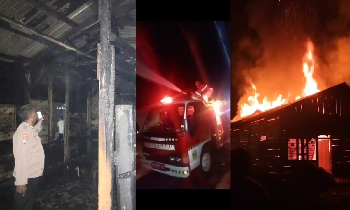 Kolase foto saat polisi melakukan pemeriksaan TKP paska kebakaran dan saat proses pemadaman api yang berkobar, Rabu 5 Maret 2025, dinihari tadi | Dok. Tangkapan Layar/Mustar Arifin/Media Prioritastv.com.