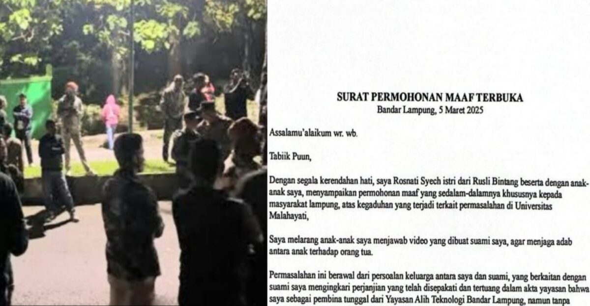 Kolase foto saat kegadungan diduga preman Folres di Universitas Malahayati, Minggu 2 Maret 2025 dan foto rilis permohonan maaf dari Rosnati Syeh istri Rusli Bintang, Rabu 5 Maret 2025 | Putra/Media Prioritastv.com.