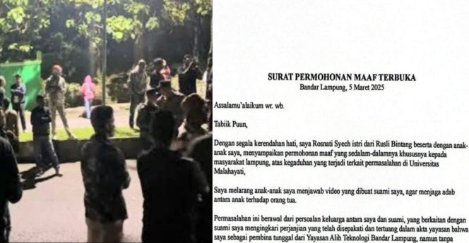 
 Kolase foto saat kegadungan diduga preman Folres di Universitas Malahayati, Minggu 2 Maret 2025 dan foto rilis permohonan maaf dari Rosnati Syeh istri Rusli Bintang, Rabu 5 Maret 2025 | Putra/Media Prioritastv.com.