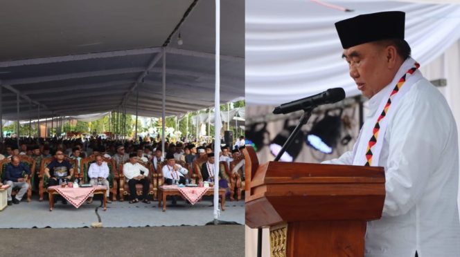 
 Kolase foto Forkopimda dan masyarakat yang hadir dari sisi kiri lapangan, dan saat Bupati Tanggamus Moh. Saleh Asnawi menyampaikan pidatonya, Kamis 6 Maret 2025 | Herdi/Media Prioritastv.com.