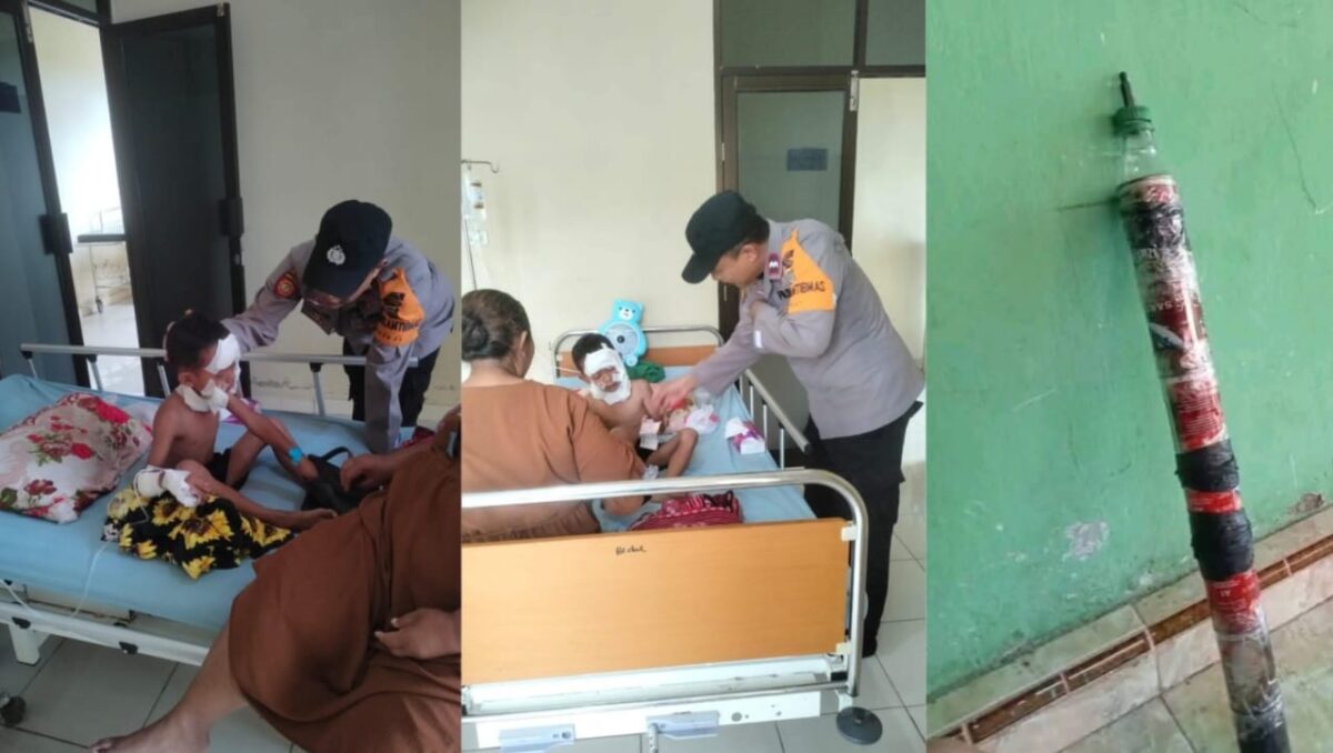 Kolase foto salah satu bocah korban ledakan saat dikunjungi Bhabinkamtibmas, Kamis 6 Maret 2025 dan salah satu contoh mercon spirtus | Dok. Istimewa.