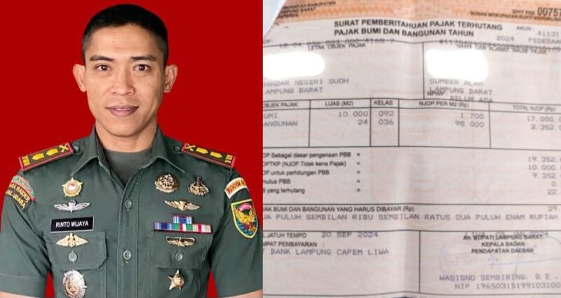 Kolase foto Dandim Lampung Barat Letkol Inf Rinto Wijaya dan tangkapan layar bukti pembayaran PBB diduga kawasan hutan TNBBS, Jumat 7 Maret 2025 | Dok. Istimewa.