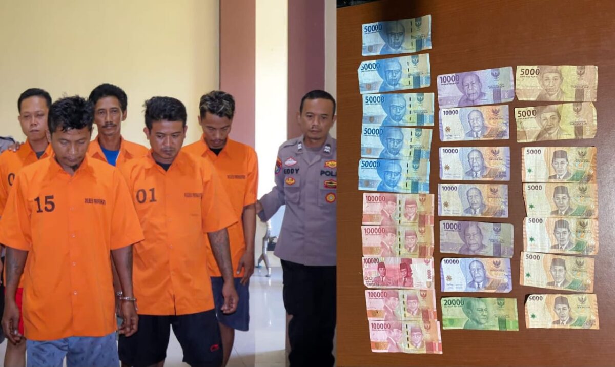 Kolase foto kelima tersangka saat digiring ke sel tahanan dan barang bukti uang yang diamankan polisi, Sabtu 8 Maret 2025, pagi | Dok. Humas Polres Pringsewu.
