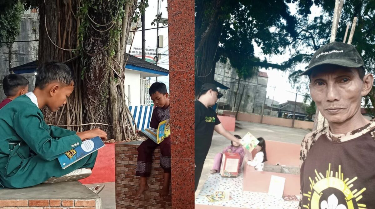 Kolase foto saat anak-anak asik membaca dan Maryadi saat menunjukan lapak baca lapak Taman Baca Masyarakat di Taman Soekarno, Kota Agung, Minggu 9 Maret 2025 | Dok. Istimewa.