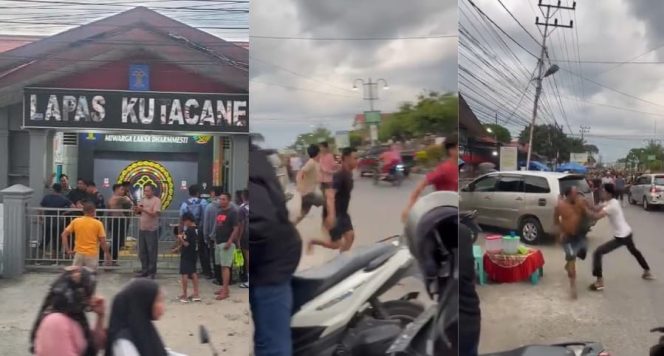 
 Kolase foto kondisi Lapas Kutacane dan saat para Napi berlarian ke jalan raya, Senin 10 Maret 2025 | Tangkapan Layar Video.