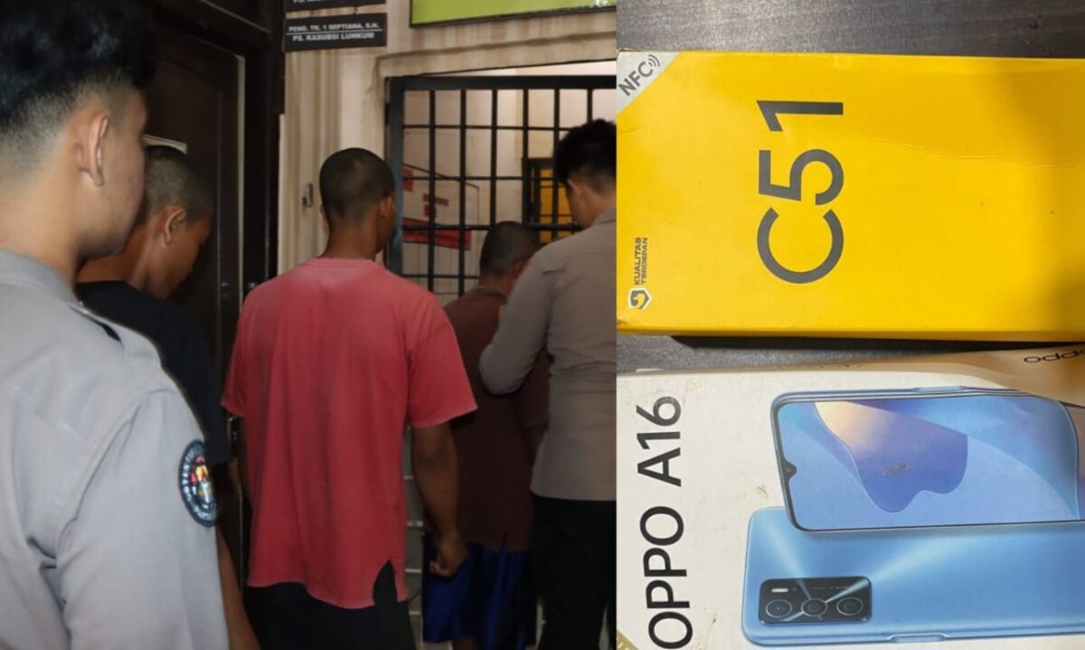 Kolase foto ketiga tersangka yang akan dijebloskan ke sel tahanan dan barang bukti handphone milik korban, Selasa 11 Maret 2025 | Dok. Humas Polres Tanggamus.