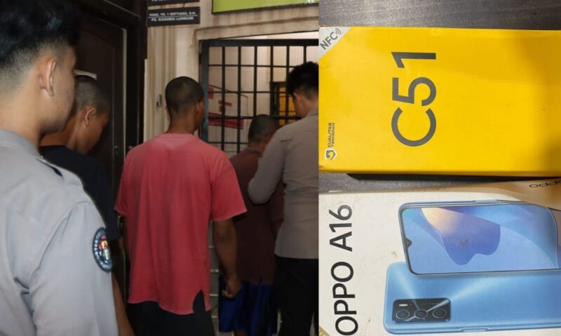 Kolase foto ketiga tersangka yang akan dijebloskan ke sel tahanan dan barang bukti handphone milik korban, Selasa 11 Maret 2025 | Dok. Humas Polres Tanggamus.