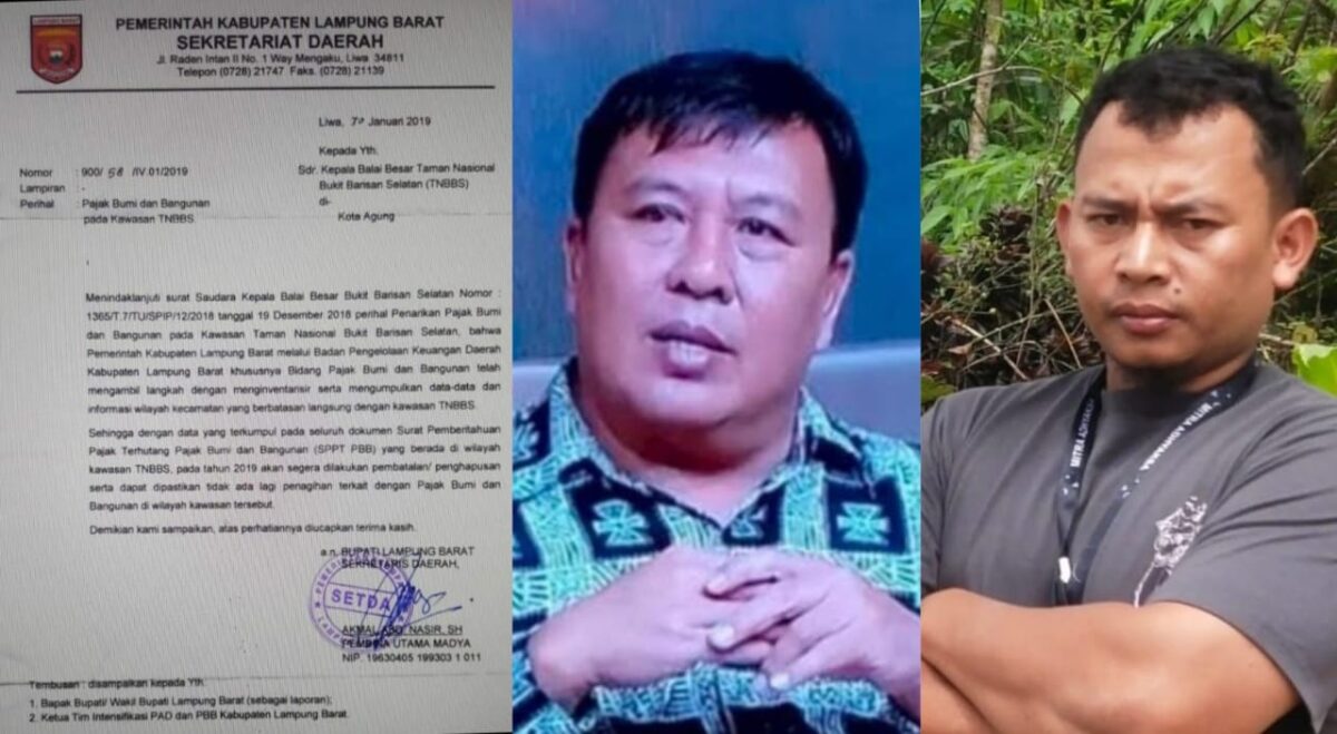 Kolase foto surat balasan Sekda Lambar ke Balai Besar TNBBS di Tanggamus tangal 30 Januari 2019 dan Ir. Edy Karizal, aktivis Lembaga Konservasi 21 serta Wahdi Syarif, aktivis dari Gerakan Masyarakat Independent | Dok. Istimewa.