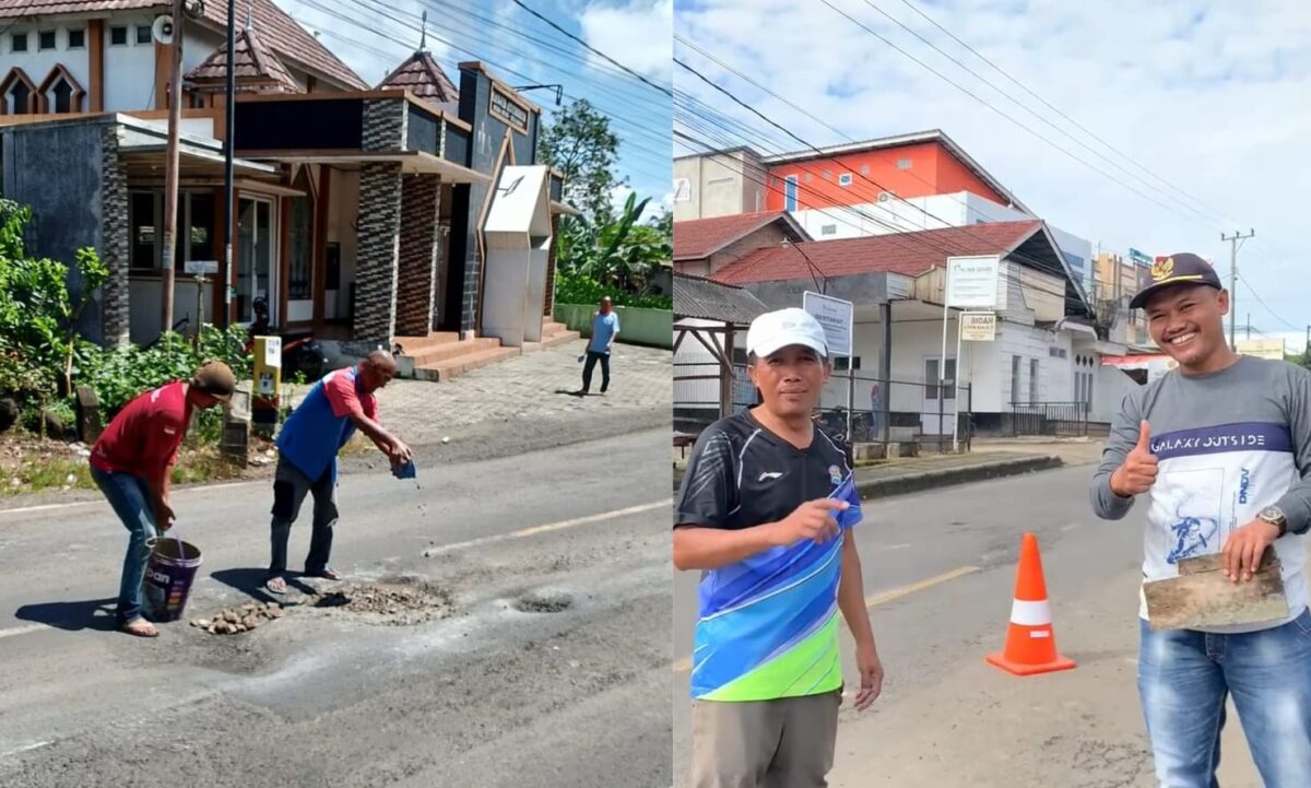 Kolase foto penutupan jalan berlubang di Jalinbar Gisting dan saat Kakon Kutadalom melakukan pengawasan penambalan, Rabu 12 Maret 2025 | Dok. Istimewa.