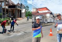 Kolase foto penutupan jalan berlubang di Jalinbar Gisting dan saat Kakon Kutadalom melakukan pengawasan penambalan, Rabu 12 Maret 2025 | Dok. Istimewa.