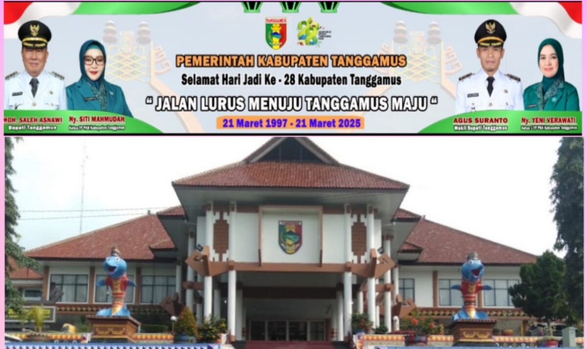 Kolase foto flyer peringatan Hari Jadi ke 28 Kabupaten Tanggamus dan Gedung Sekretariat Pemkab Tanggamus | Dok. Istimewa.