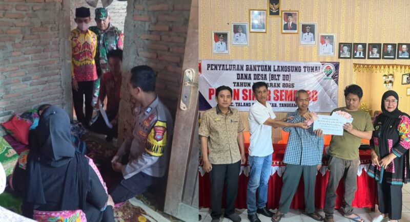 Kolase foto saat Kakon Sinar Semendo Yulistina bersama Babhinkamtibmas, Babinsa menyerahkan BLT-DD di kediaman KPM dan saat penyerahan di Balai Pekon setempat, Jumat 14 Maret 2025 | Asrul Ariski/Media Prioritastv.com.