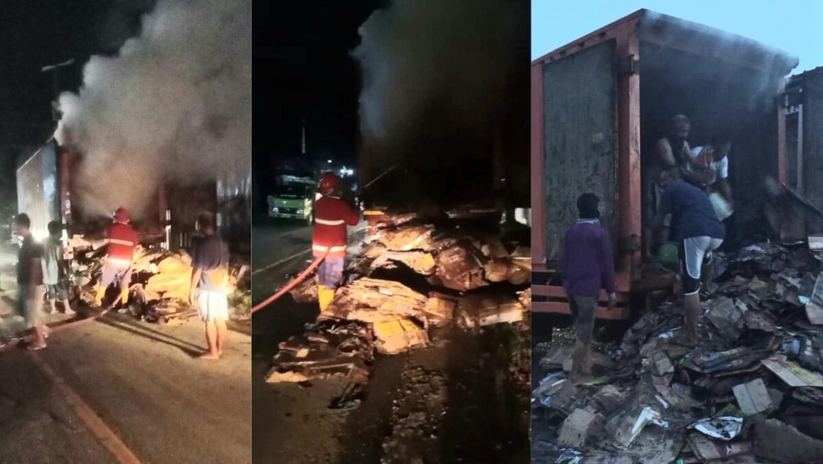 Kolase foto saat truk terbakar dan proses pemadaman serta pendinginan usai kebakaran di Jalinbar Sedayu, Tanggamus, Sabtu 15 Maret 2025 dinihari | Dok. Istimewa.