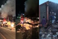 Kolase foto saat truk terbakar dan proses pemadaman serta pendinginan usai kebakaran di Jalinbar Sedayu, Tanggamus, Sabtu 15 Maret 2025 dinihari | Dok. Istimewa.