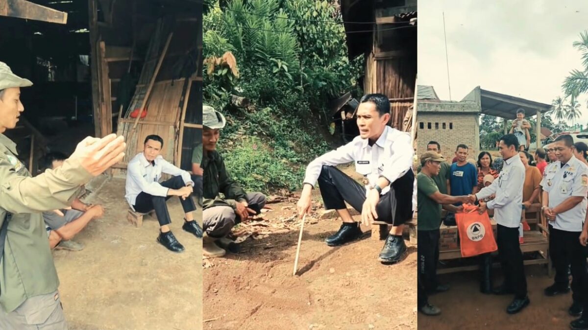 Kolase foto saat Wabup Agus Suranto berbincang dengan petugas penggiring gajah, dengan keluarga korban dan saat memberikan bantuan kepada warga Blok 3, BNS, Tanggamus | Dok. akun TikTok @AgusSurantoOfficial.