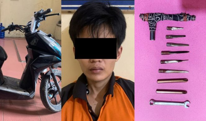 
 Kolase foto tersangka curanmor dan barang bukti yang berhasil diamankan polisi, Sabtu 15 Maret 2025 | Dok. Polres Lampung Tengah.