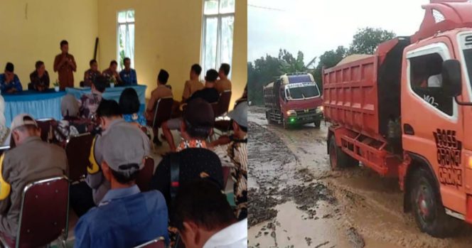 
 Kolase foto saat warga melakukan musyawarah dan kondisi jalan yang memperihatinkan | Davit/Media Prioritastv.com.