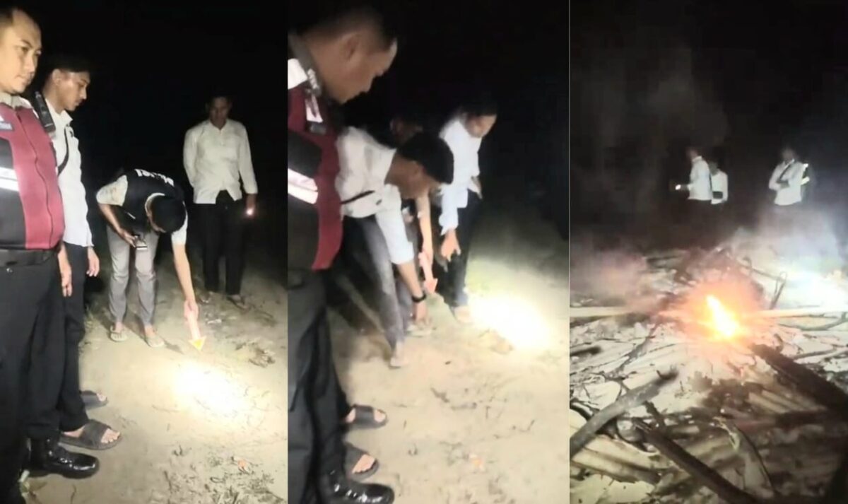 Kolase foto saat polisi melakukan pemeriksaan TKP pembunuhan dan gubuk yang dibakar massa, Kamis 20 Maret 2025 malam | Dok. Tangkapan Layar Video.