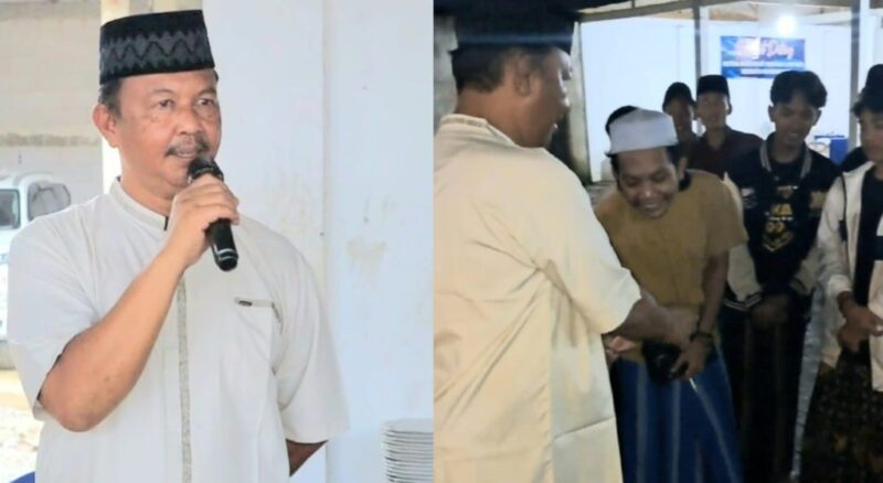 Kolase foto Ketua Granat Tanggamus, Agus Ciek saat memberikan sambutan dan saat memberikan tali asih kepada para santri Ponpes Al Qodir, Batu Tegi, Sabtu 22 Maret 2025 | Asrul Ariski/Media Prioritastv.com.